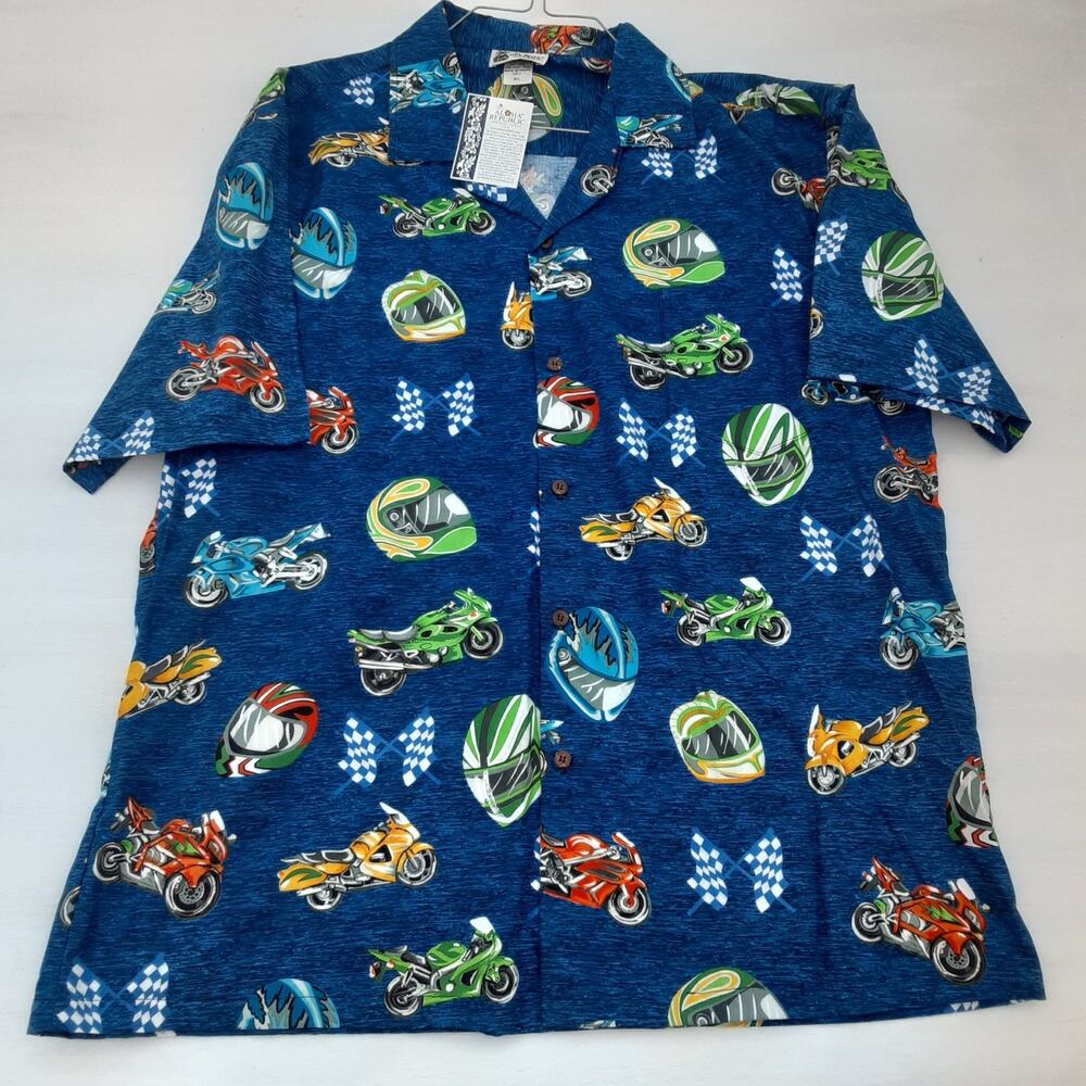 Aloha Republic Hawaiian Shirt Men’s XL Motorcycle Made USA Biker Print Blue EUC
